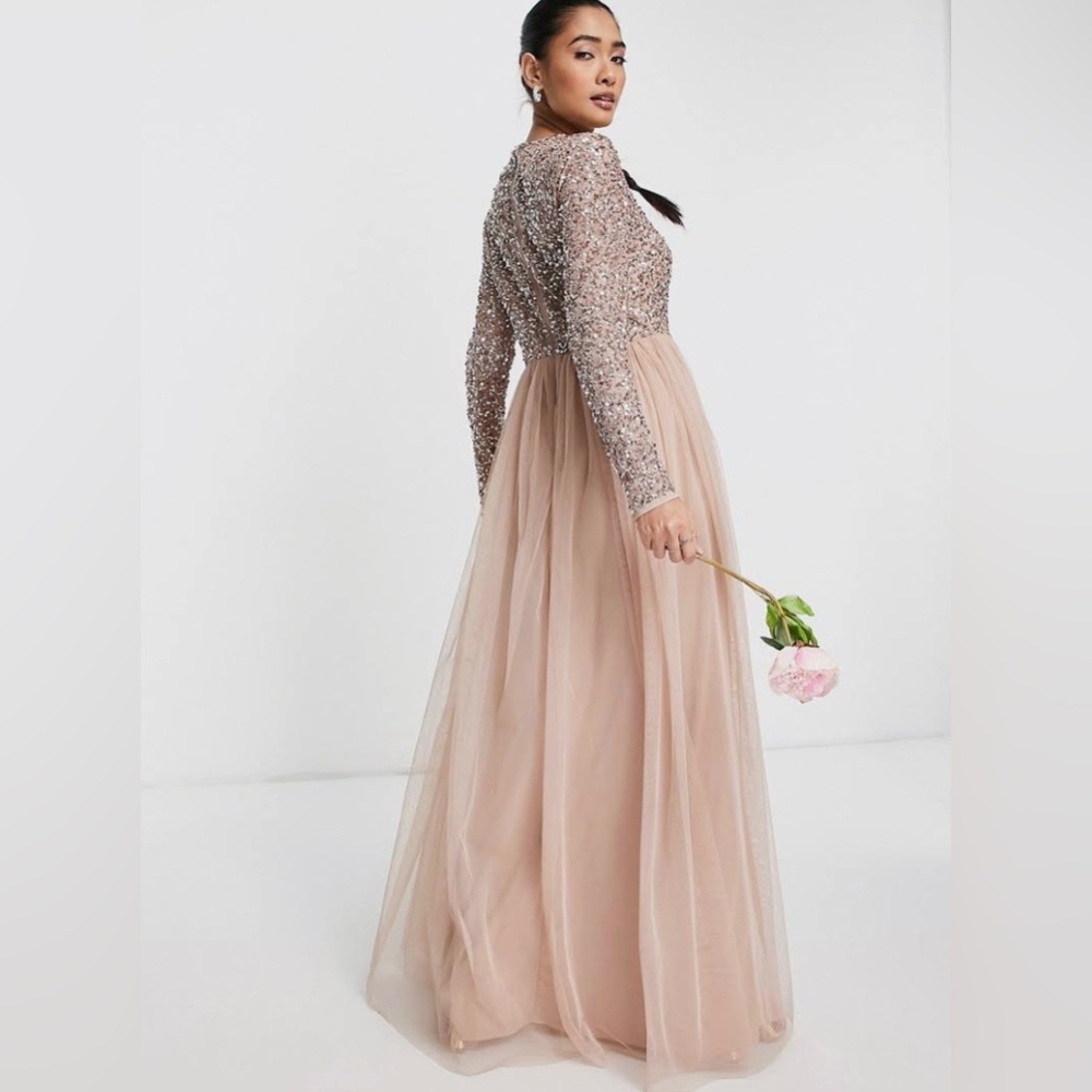 Long sleeve maxi tulle dress with tonal delicate sequin in muted blush